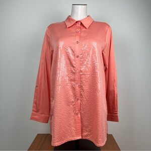 Berek Tangerine Orange Long Sleeve Sequin Button Down Shirt